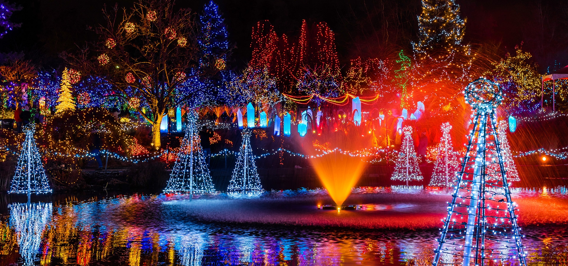 Het park vlakbij Capilano Suspension Bridge is sfeervol verlicht met kerst.